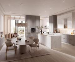 Cuisine Gris / Beige et Pierre Calacatta: Élégance Raffinée et Fonctionnalité Moderne - 2